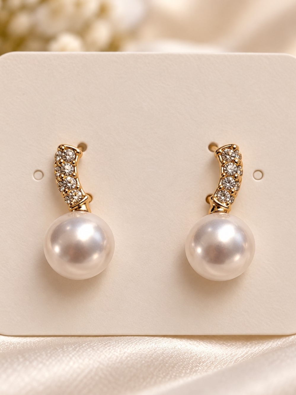 Classic Gold Tone Metal Faux Pearl Drop Earrings with Crystal Accents New